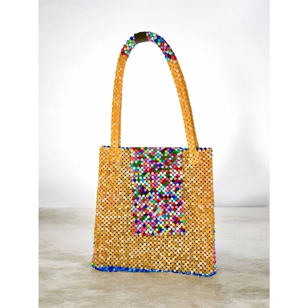 African Craftmanship Handmade Beaded Yellow Blue Multicolor Tote Bag OS NEW